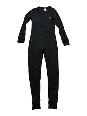 PINK Victoria's Secret Black Thermal Ribbed Onesie Pajamas w/ Crystals Sz M